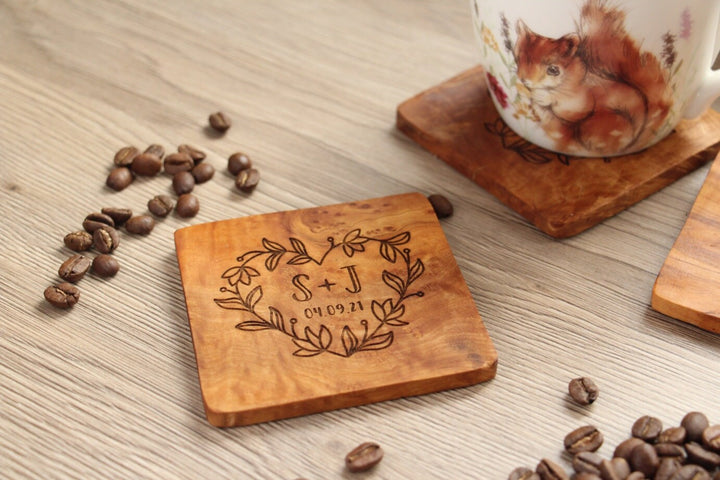 Couples Initial Coasters - Olive Wood