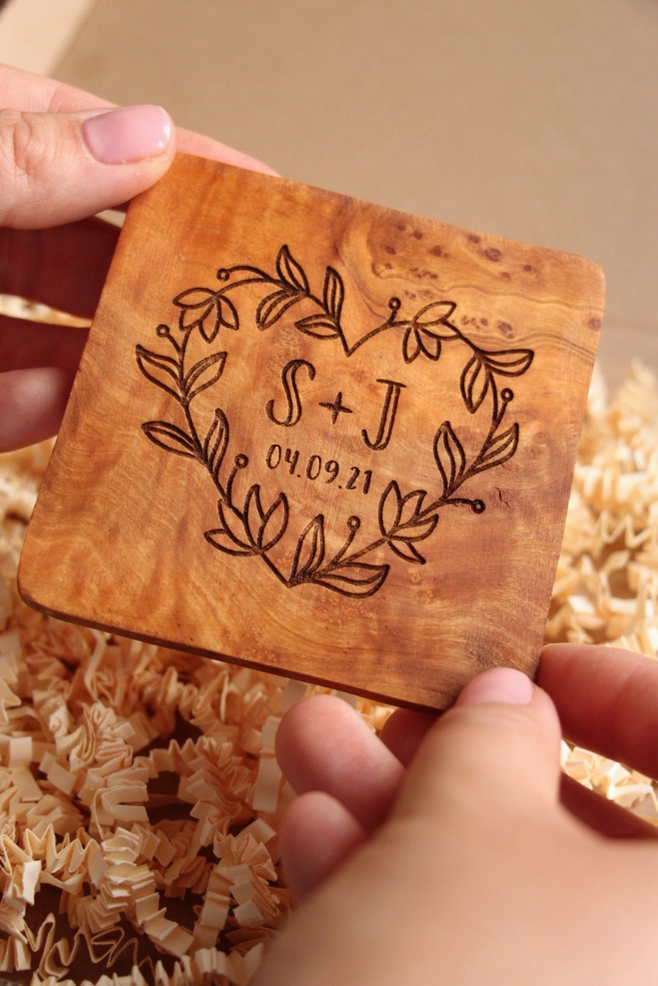 Couples Initial Coasters - Olive Wood