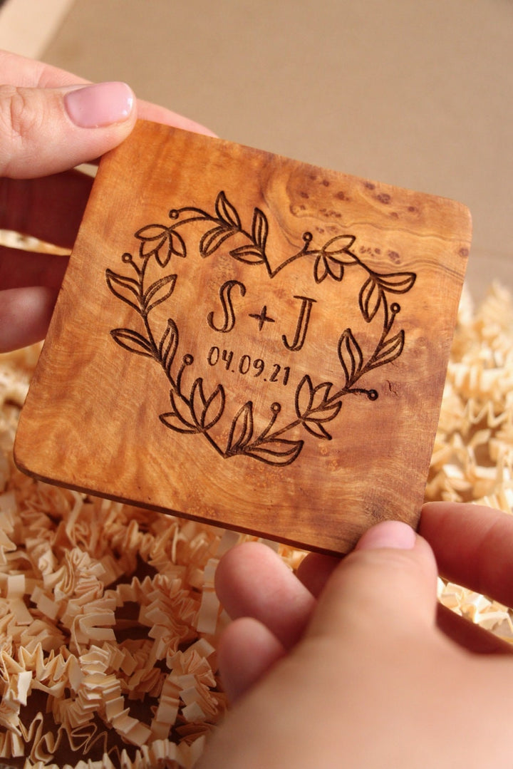 Couples Initial Coasters - Olive Wood