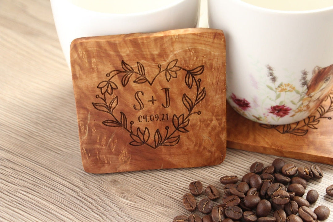 Couples Initial Coasters - Olive Wood