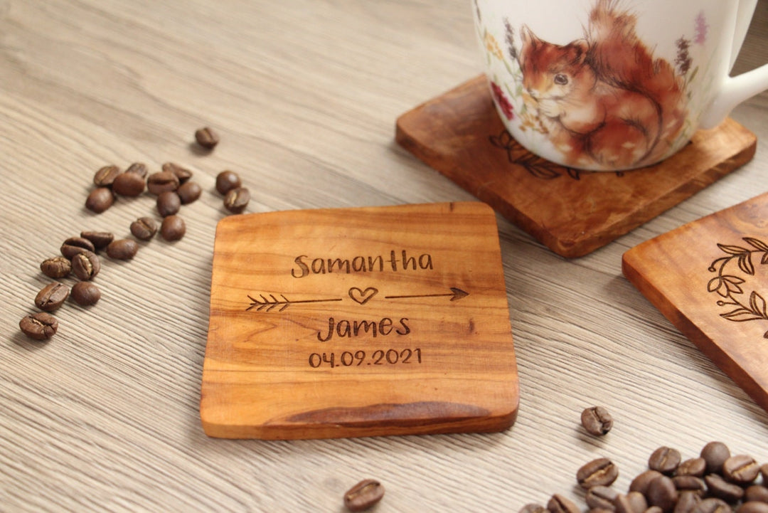 Couples Name Coasters - Olive Wood