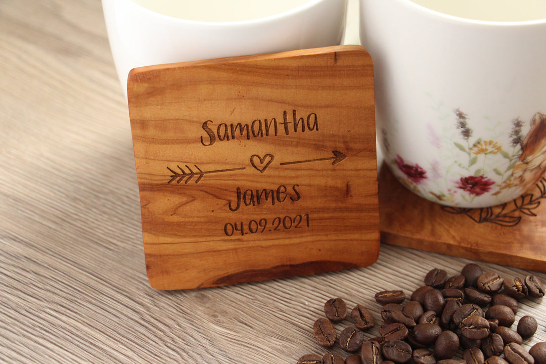 Couples Name Coasters - Olive Wood