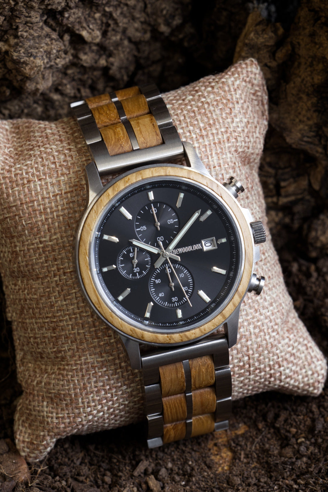 Oak and brushed steel chronograph watch