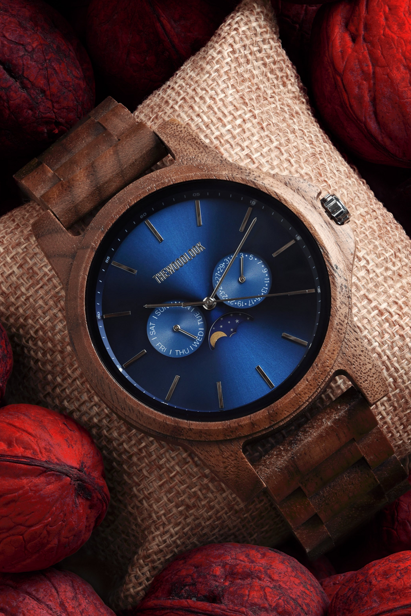 Goa walnut chronograph wooden watch with blue dial