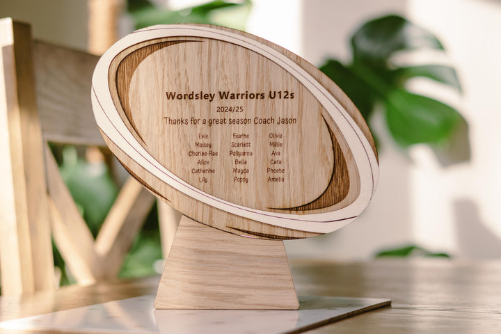 Rugby Ball Coach Gift - personalised wooden gift oak gift - The Wood Look