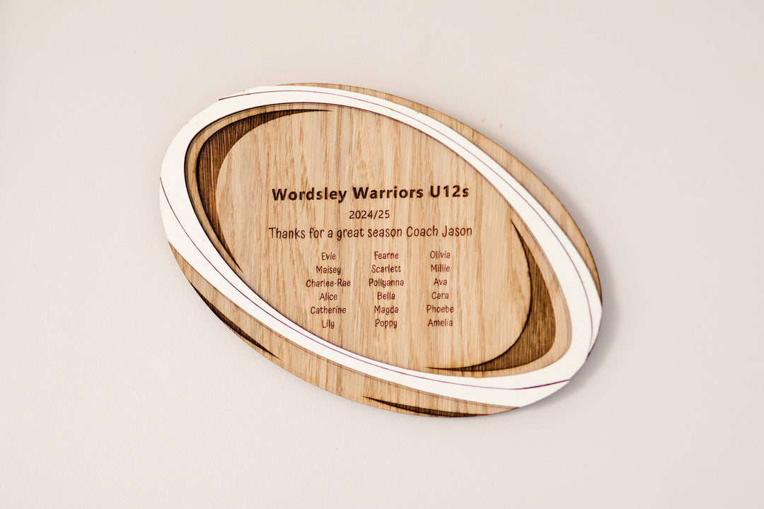 Rugby Ball Coach Gift - engraving detail on oak wooden gift