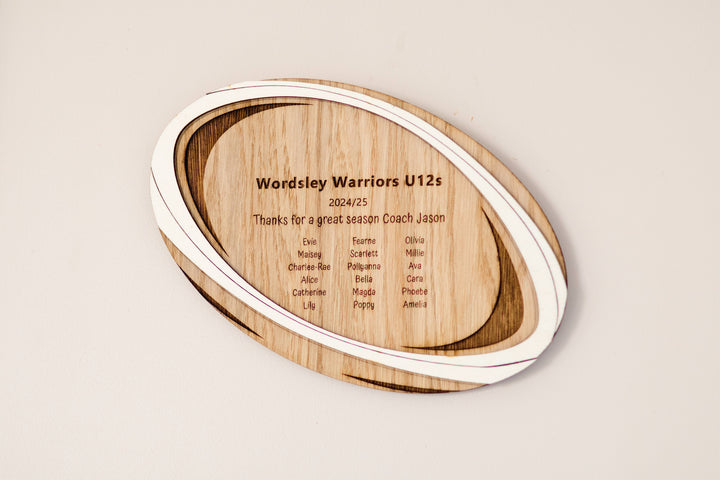 Rugby Ball Coach Gift - engraving detail on oak wooden gift