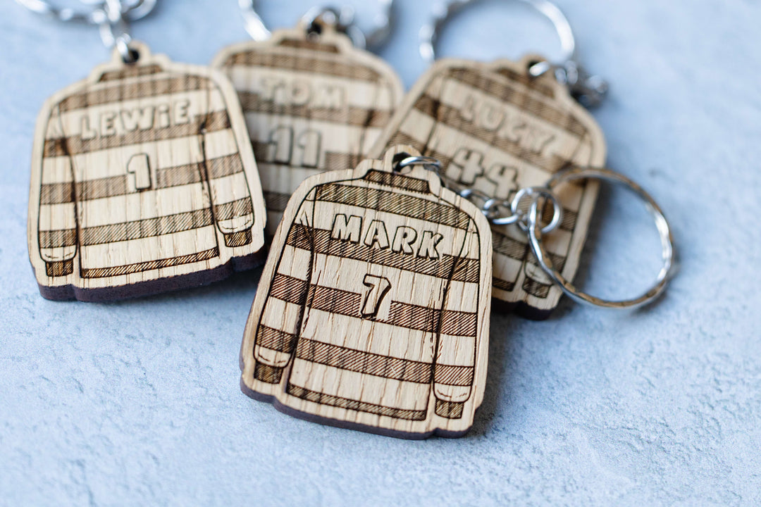 Personalised Wooden Rugby Shirt Keyring