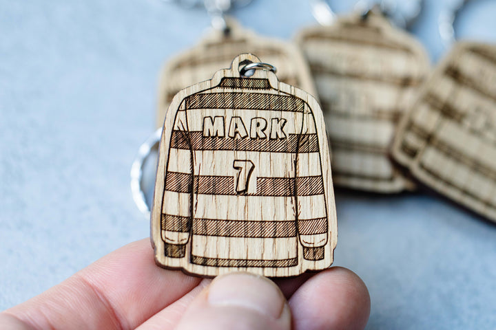 Personalised Wooden Rugby Shirt Keyring