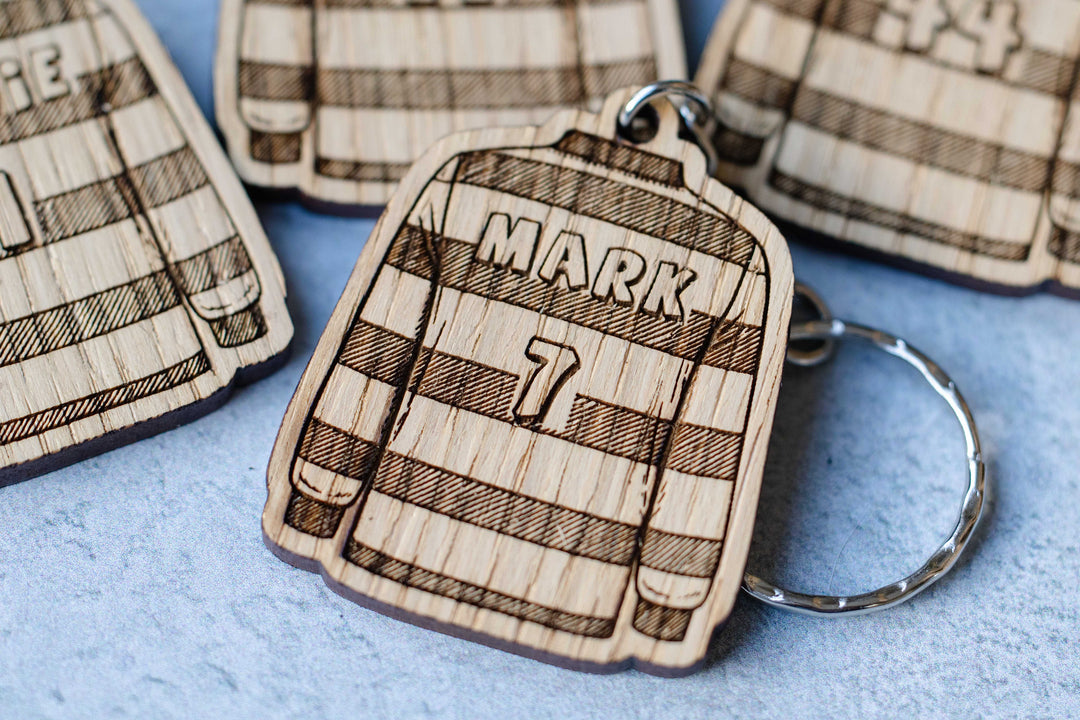 Personalised Wooden Rugby Shirt Keyring