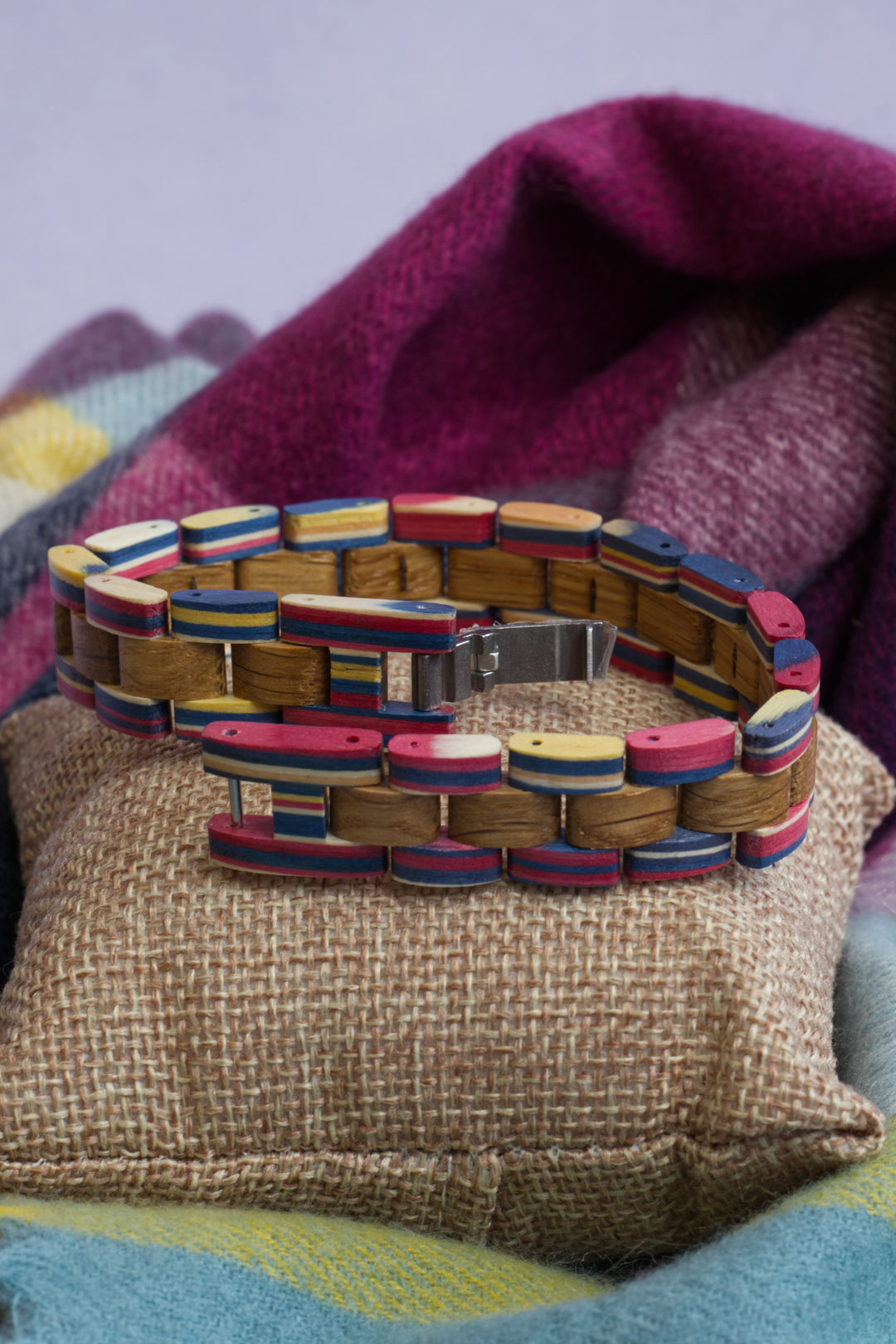 Amalfi colourful wooden bracelet open to show the stainless steel clasp - The Wood Look