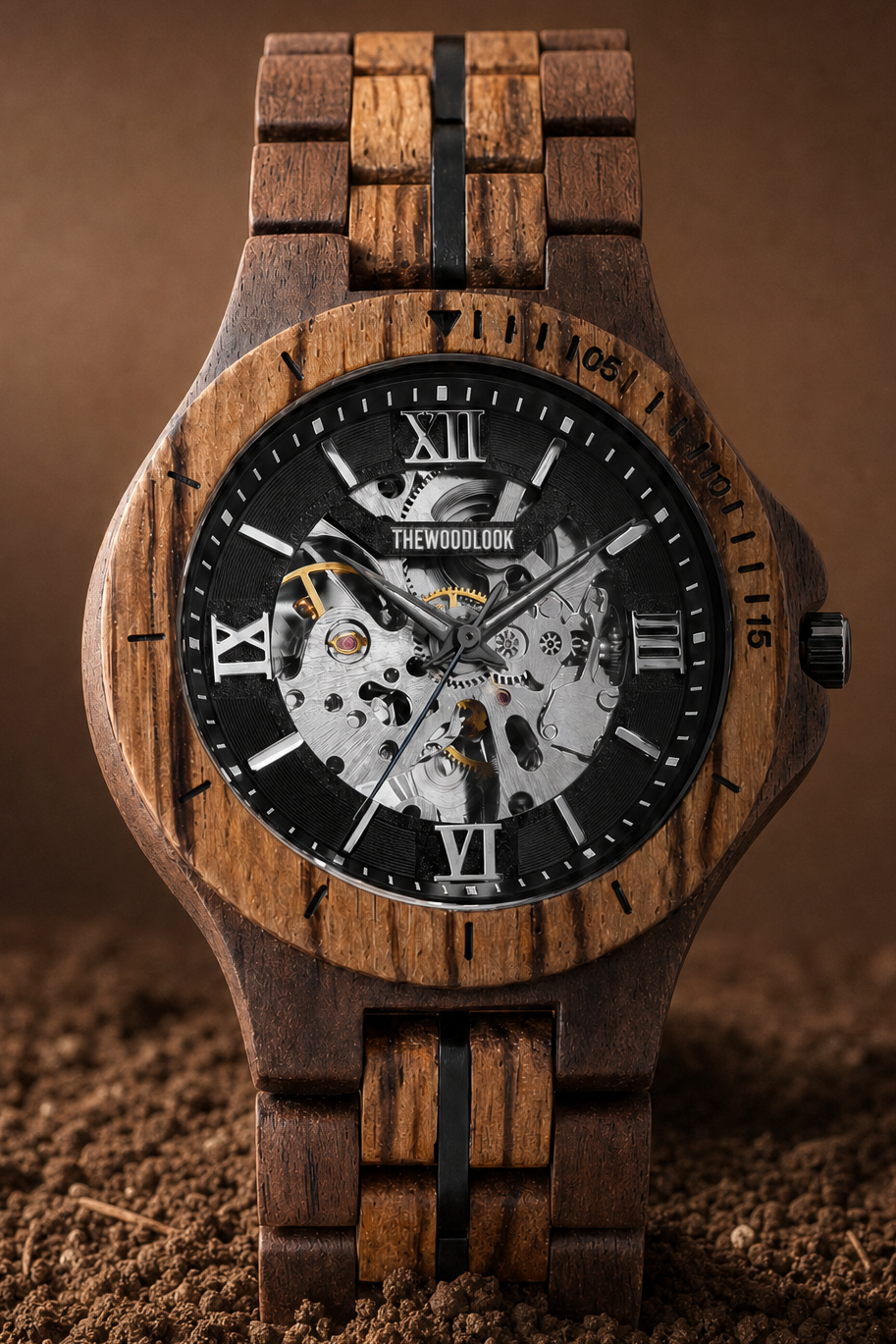 Barcelona mechanical wood watch with a black skeleton dial, walnut and zebrawood bracelet, front view - The Wood Look