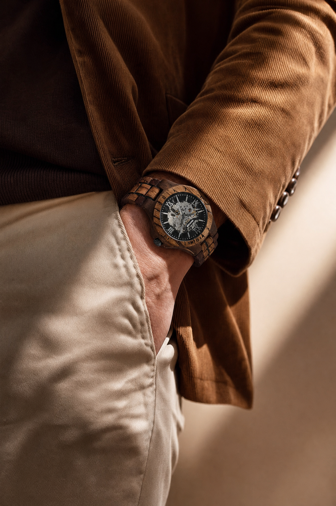 Man wearing the Barcelona black mechanical wooden watch with a tan suede jacket - The Wood Look