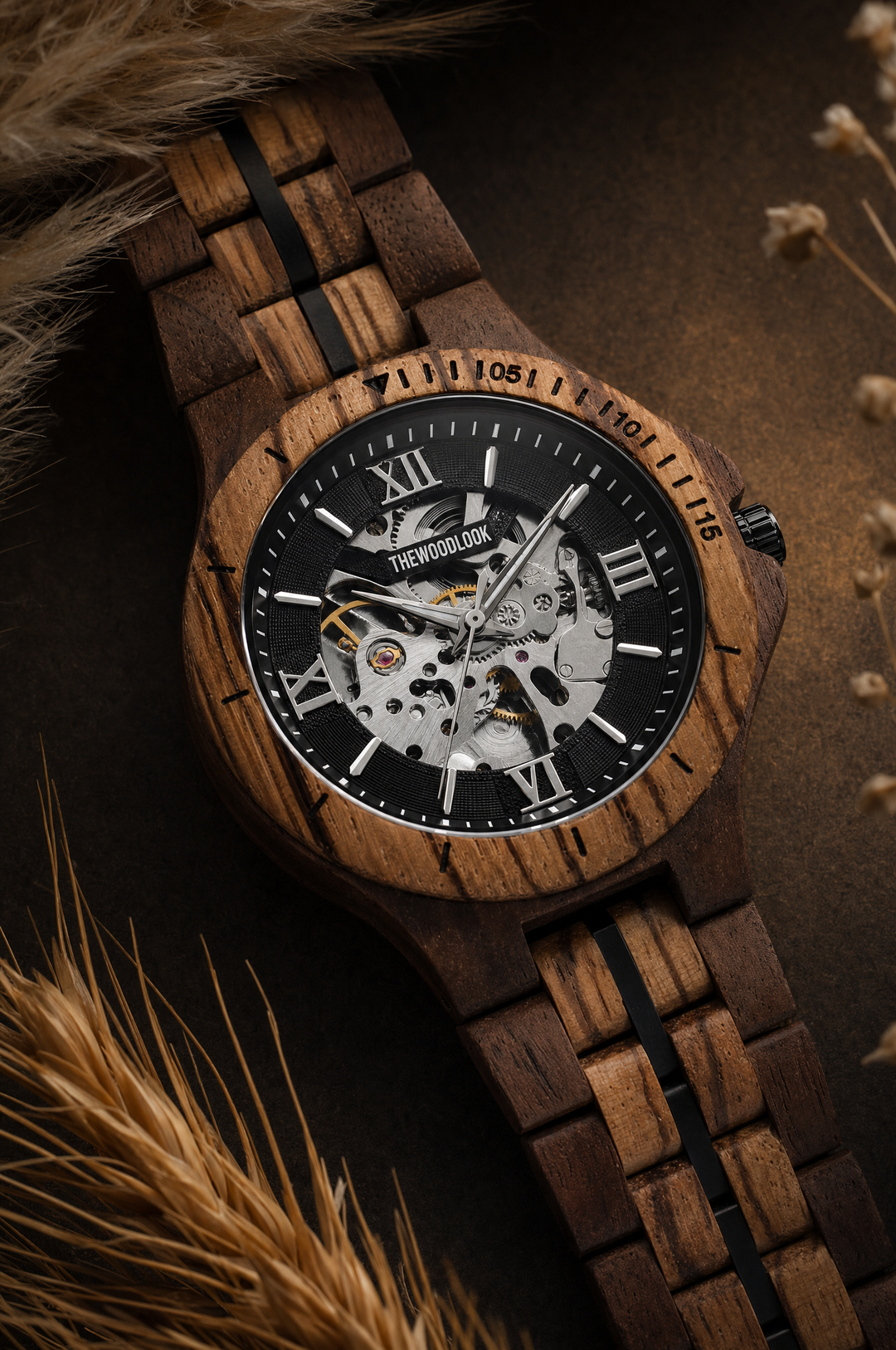Barcelona black skeleton dial wood watch in walnut and zebrawood with dried grasses - The Wood Look
