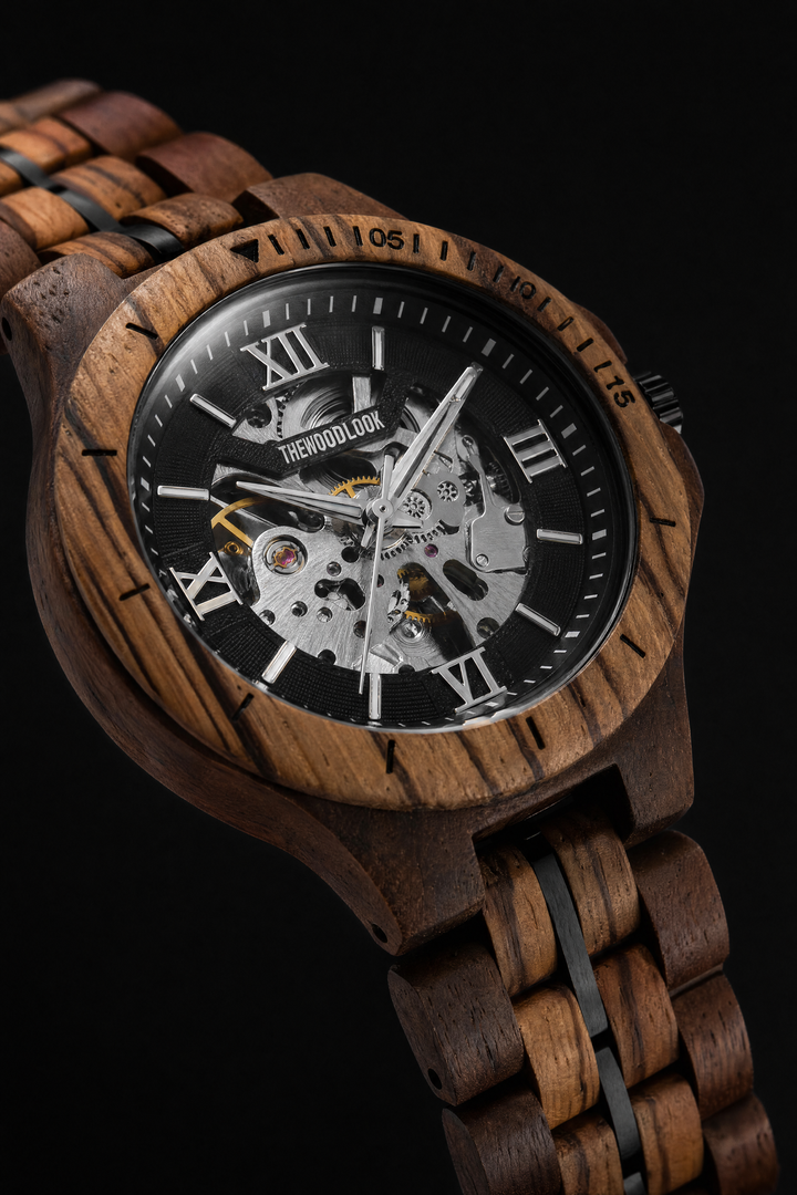 Close-up of the Barcelona black skeleton dial mechanical watch in walnut and zebrawood on a black background - The Wood Look