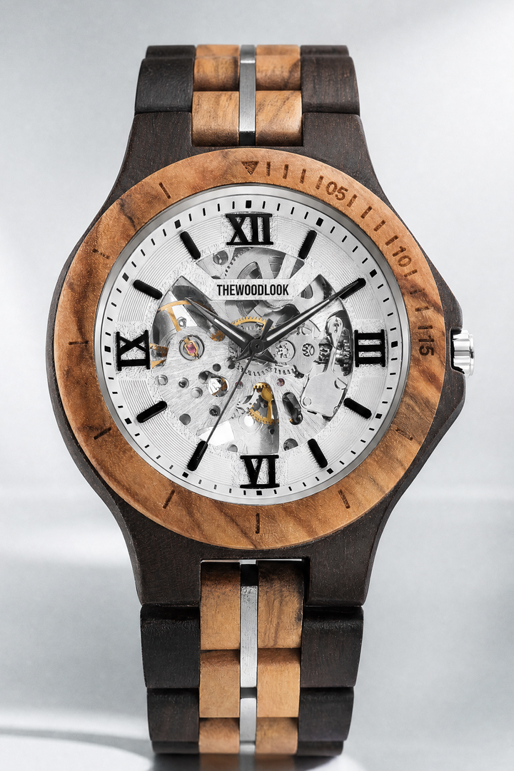 Barcelona mechanical wooden watch with a white skeleton dial, ebony and olive wood bracelet, front view - The Wood Look