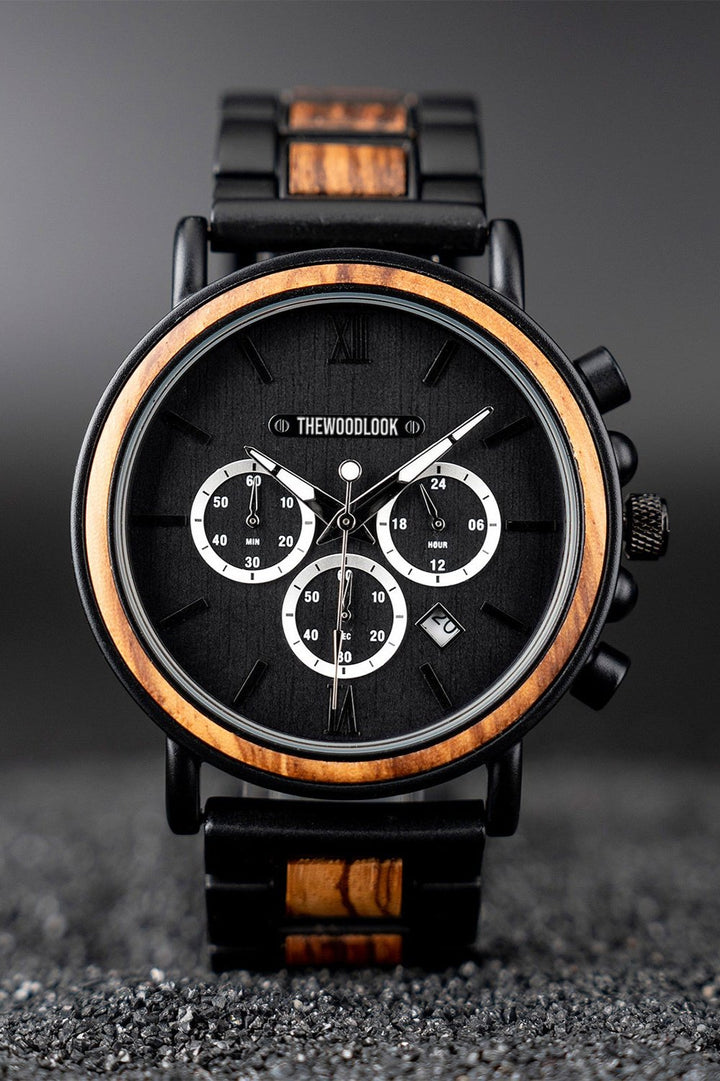 Boston black steel and zebrawood chronograph watch with a black dial, front view - The Wood Look