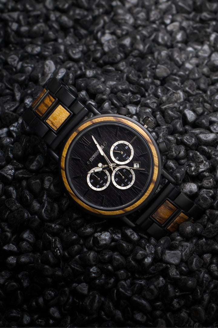 Boston zebrawood chronograph watch with silver sub-dials on black stones - The Wood Look
