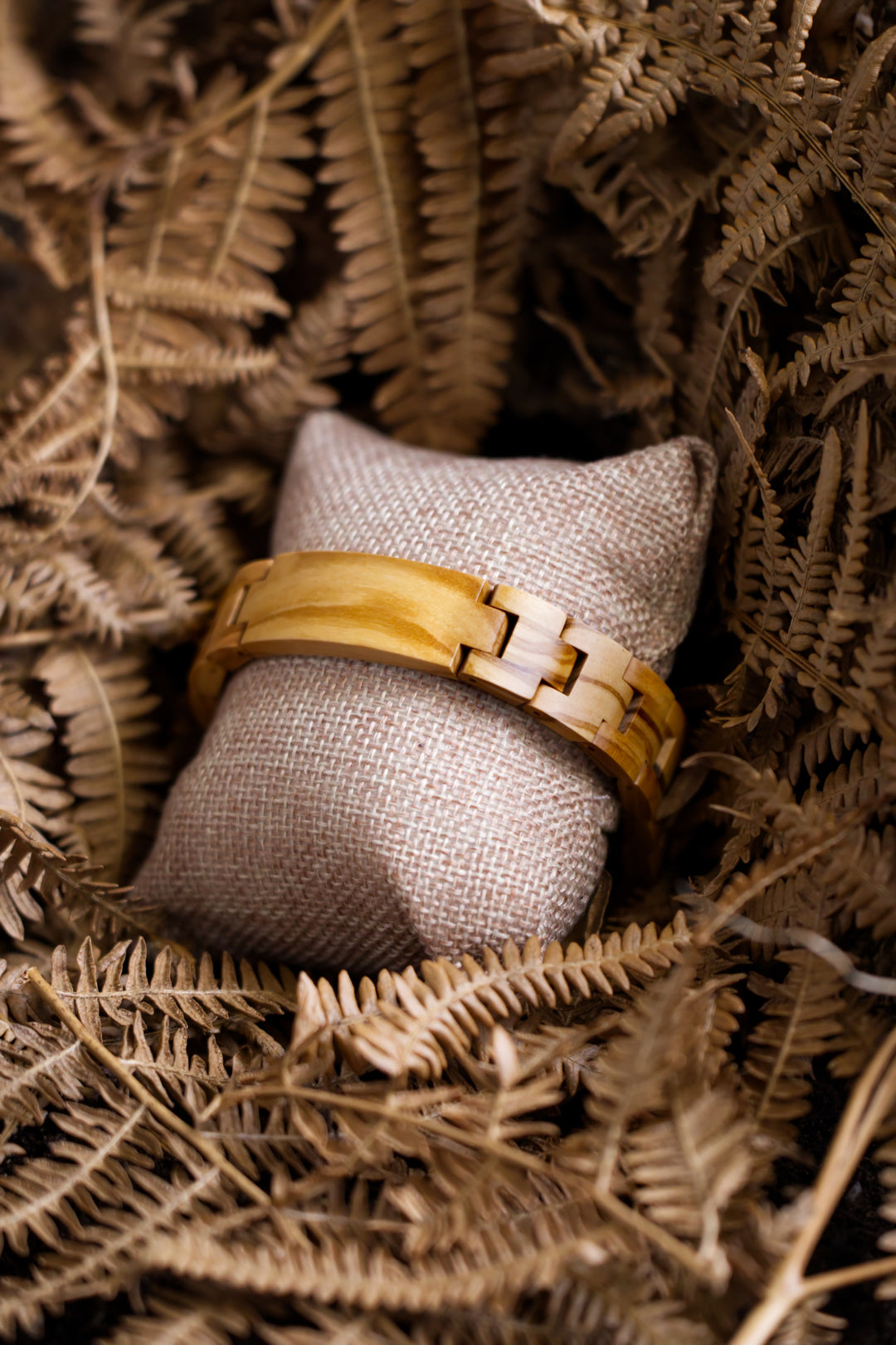 Carmel light olive wood bracelet on a cushion with dried ferns - The Wood Look