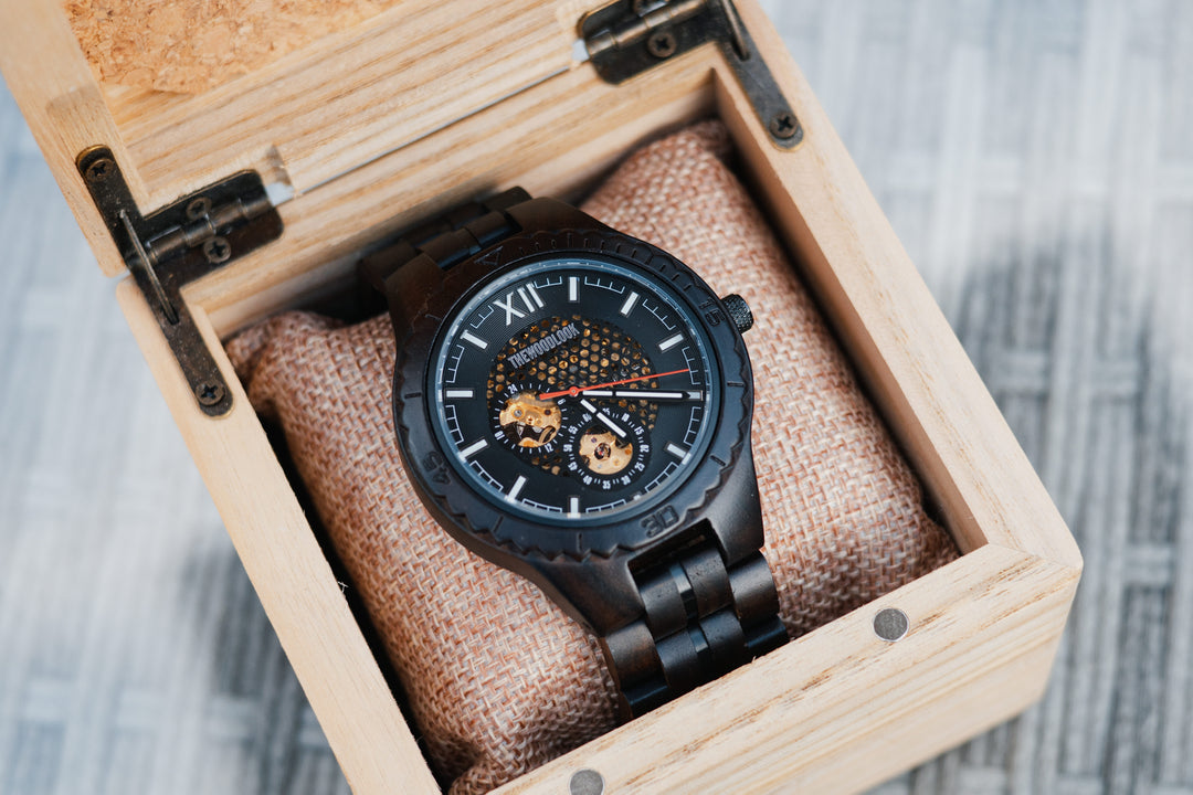 Detroit ebony mechanical wooden watch in a wooden watch box - The Wood Look