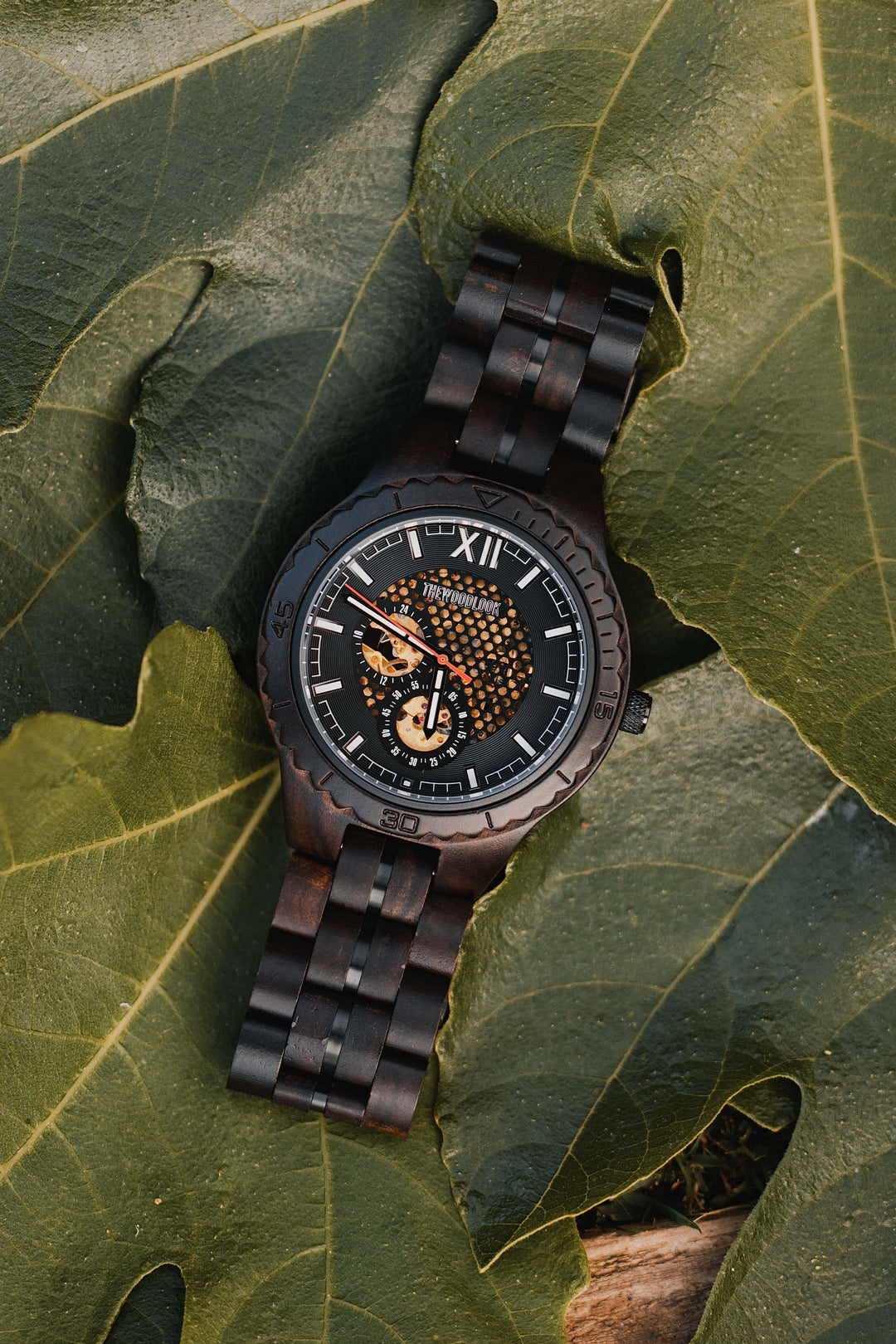 Detroit ebony mechanical wooden watch lying on large green leaves - The Wood Look