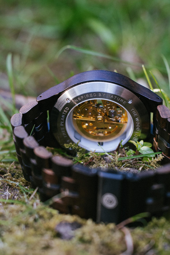 Back of the Detroit ebony watch showing the gold-tone automatic movement through the caseback - The Wood Look