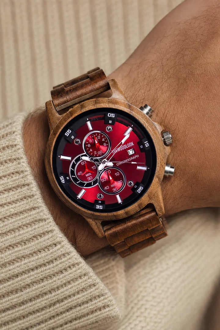 Edinburgh walnut wooden watch with a red dial worn on the wrist with a cream jumper - The Wood Look