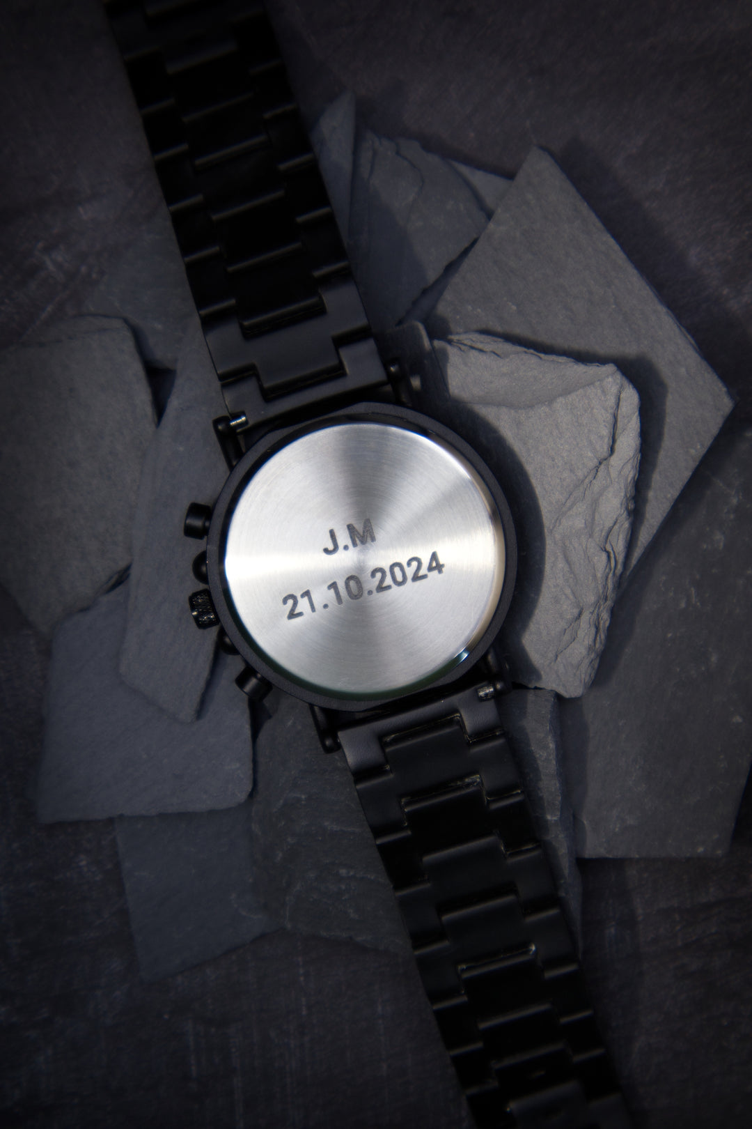 Engraved stainless steel watch caseback with initials and a date - The Wood Look