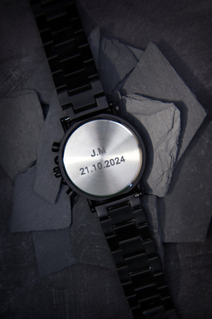 Engraved stainless steel watch caseback with initials and a date - The Wood Look