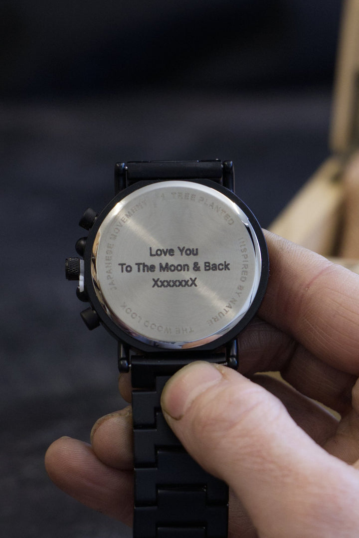 Engraved watch caseback reading Love You To The Moon and Back - The Wood Look