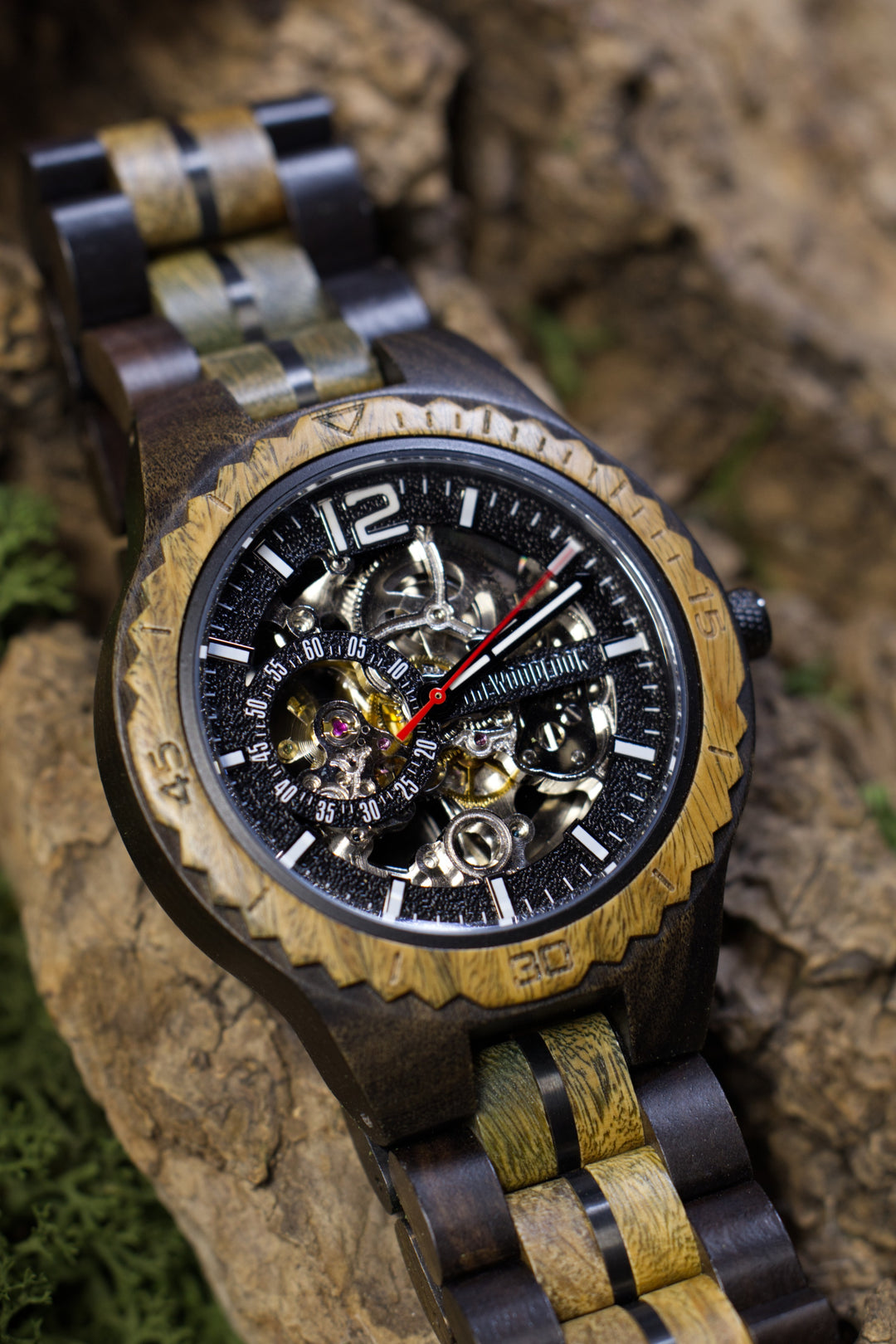 Close-up of the Havana skeleton dial showing the automatic movement and green sandalwood bezel - The Wood Look