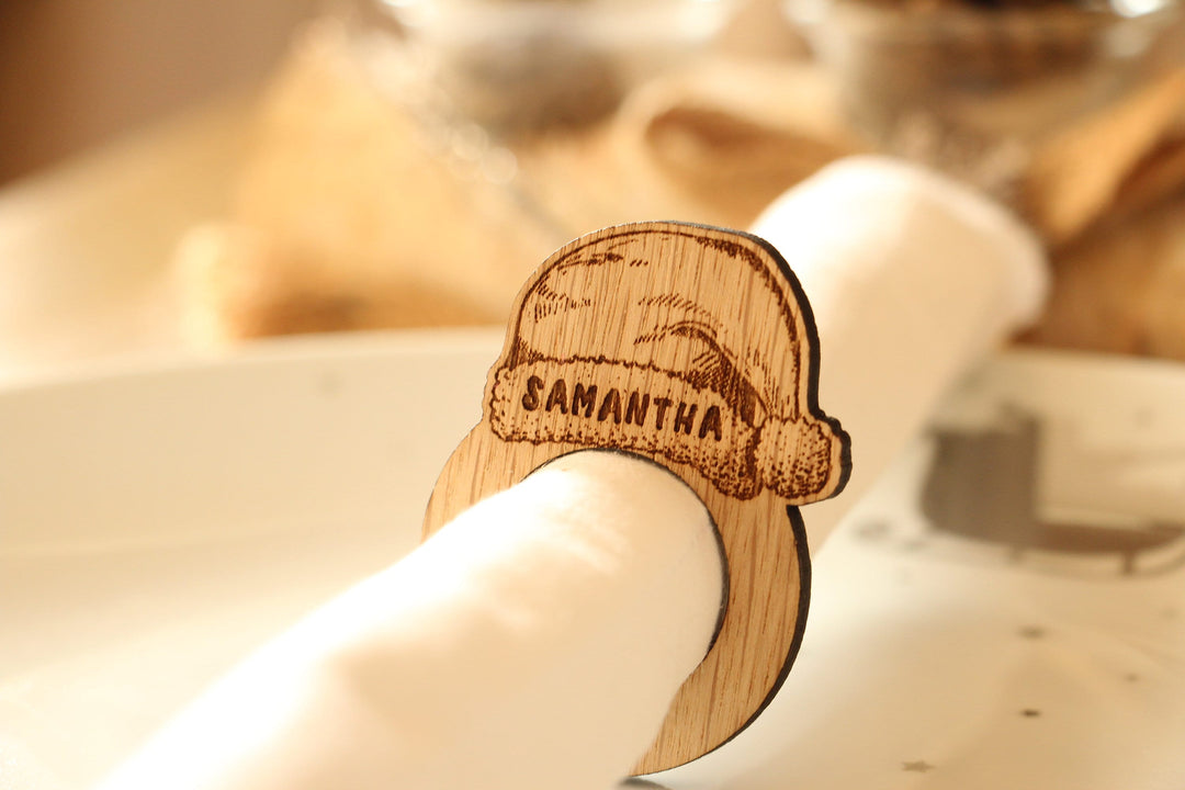 Christmas Personalised Santa Hat Napkin Rings, Wooden Place Names