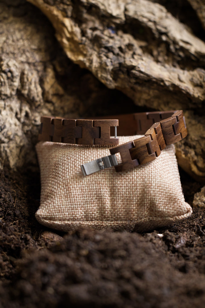 Juglans walnut wooden bracelet open to show the stainless steel clasp - The Wood Look