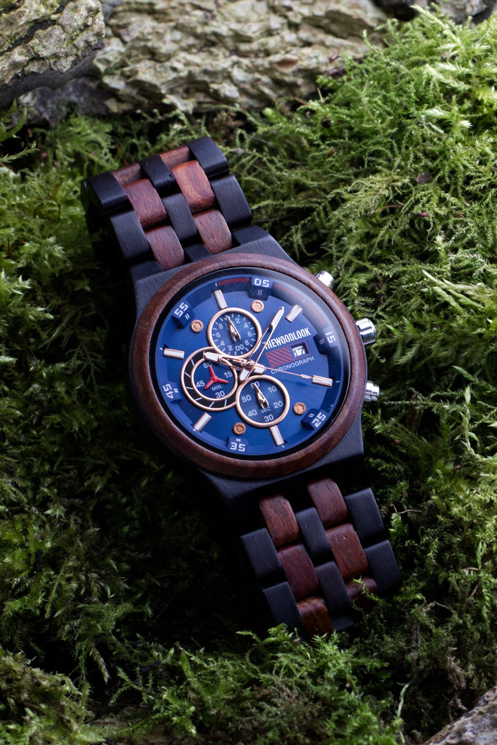 Lisbon blue dial chronograph wooden watch on green moss - The Wood Look
