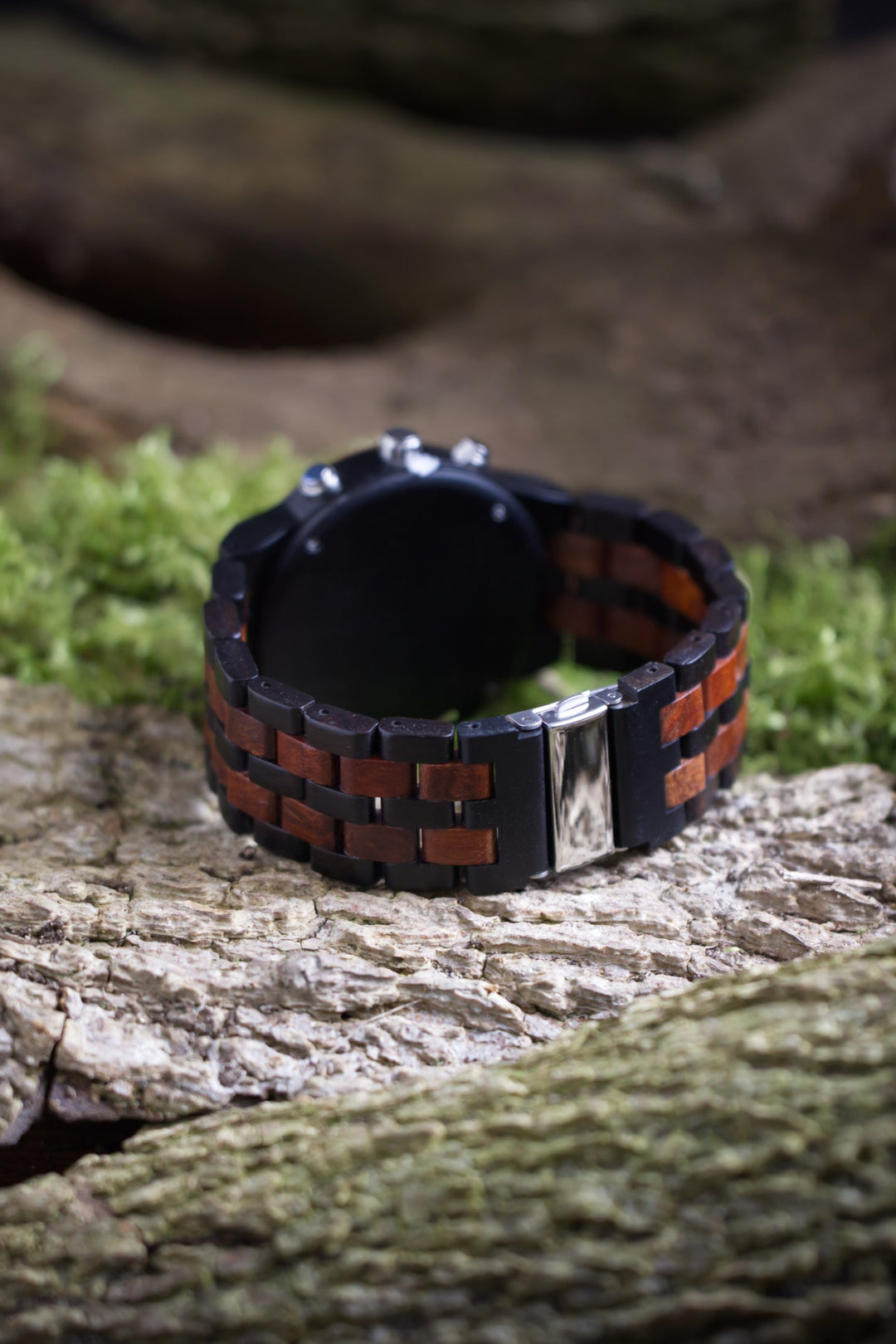 Lisbon wooden watch bracelet and stainless steel clasp on a mossy log - The Wood Look