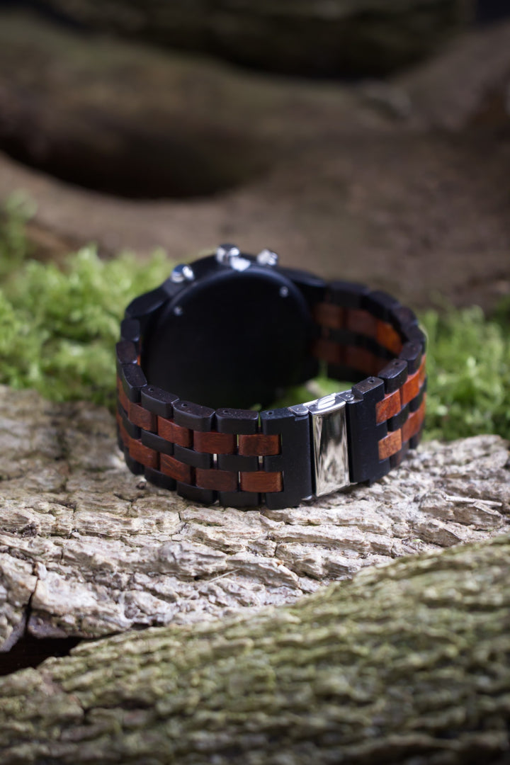 Lisbon wooden watch bracelet and stainless steel clasp on a mossy log - The Wood Look