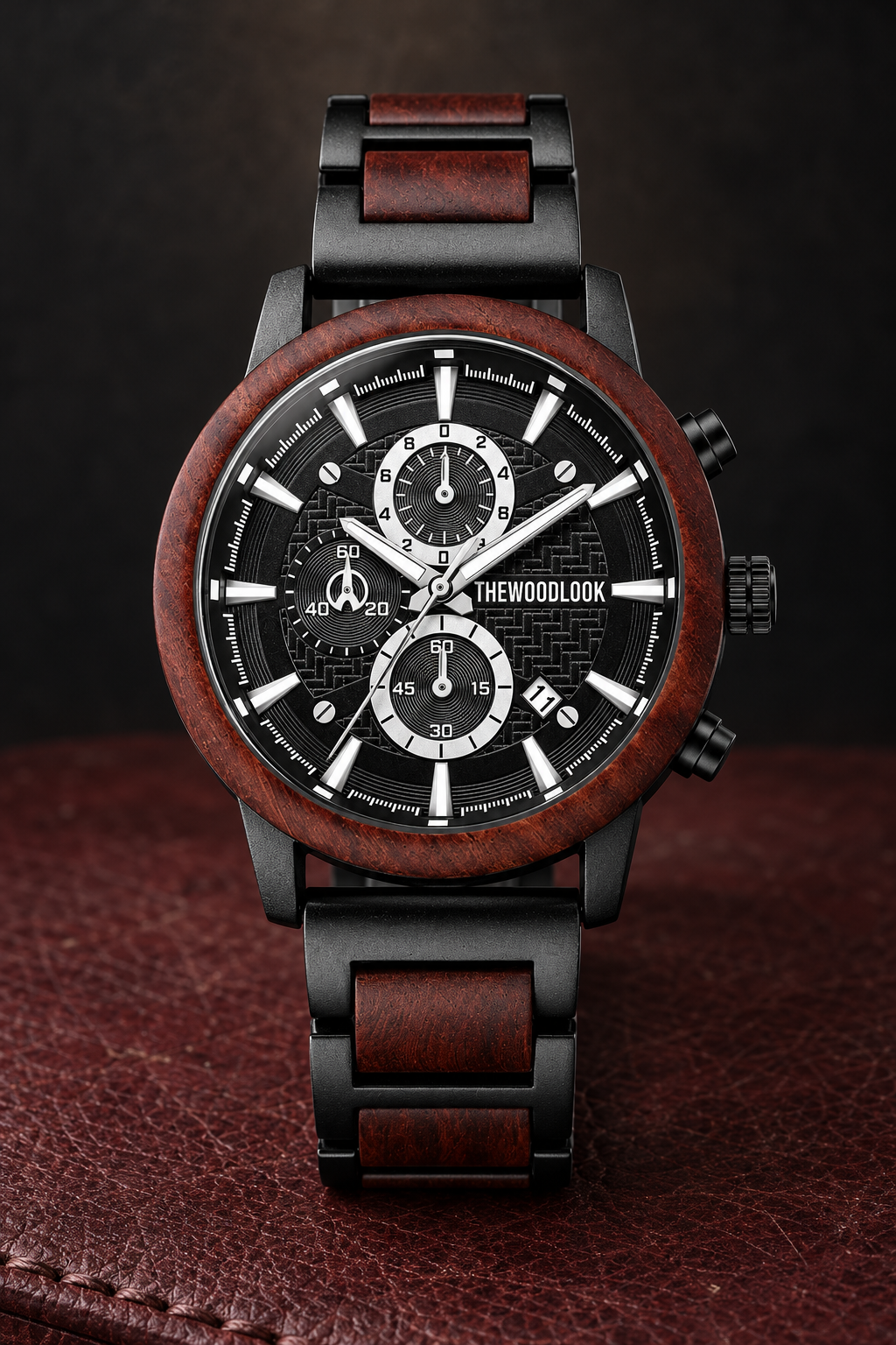 London chronograph watch in red sandalwood and black steel with a black dial, on burgundy leather