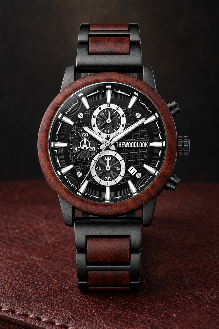 London chronograph watch in red sandalwood and black steel with a black dial, on burgundy leather