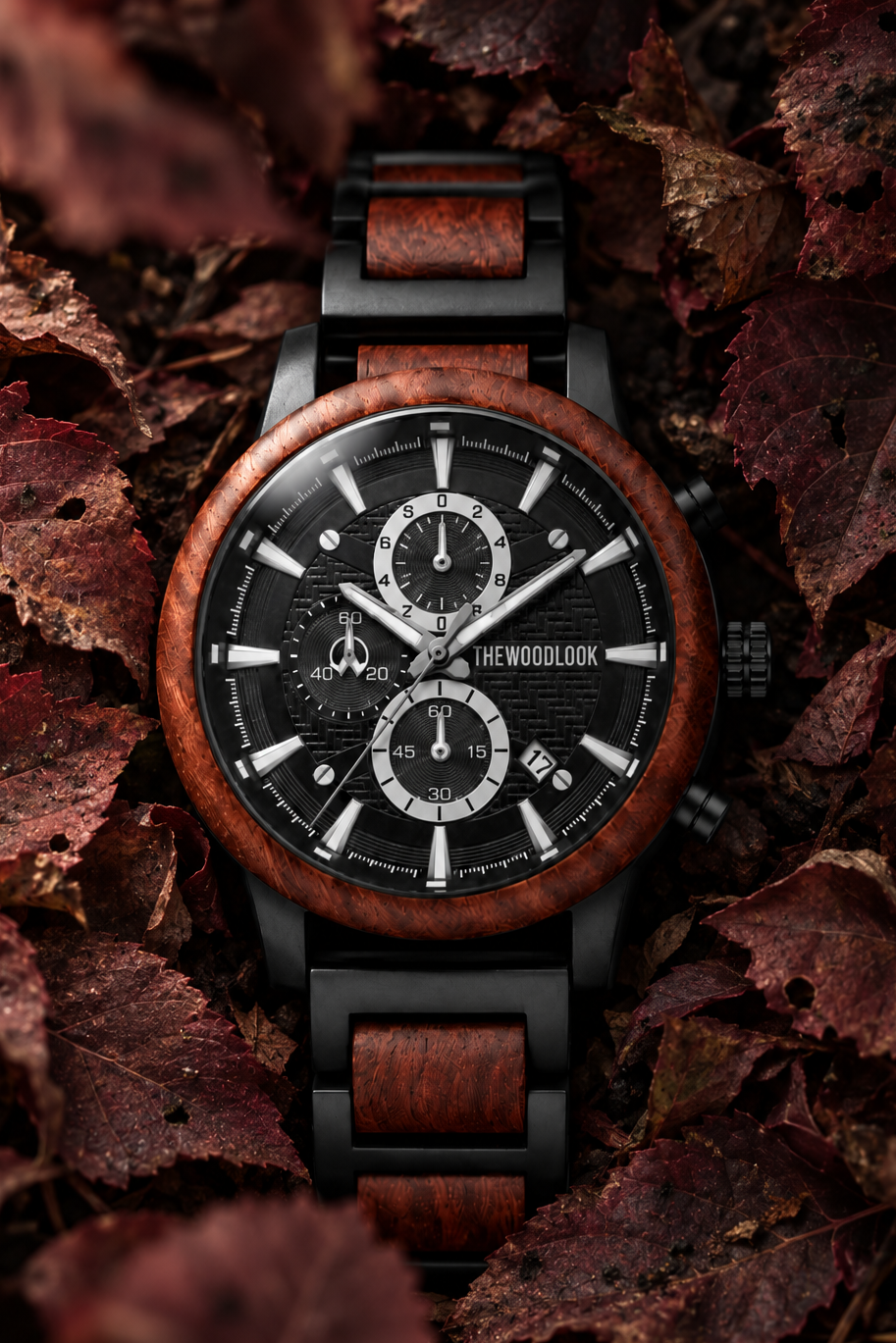 London red sandalwood chronograph watch with a black dial on red autumn leaves