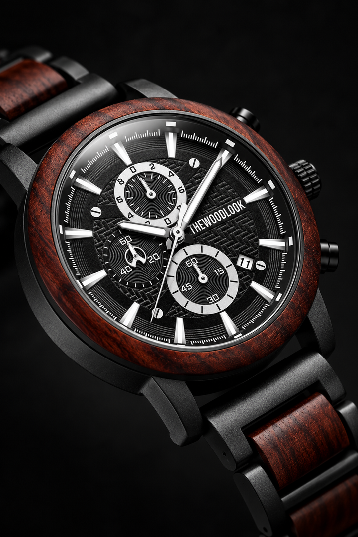 Close-up of the London red sandalwood bezel and black chronograph dial