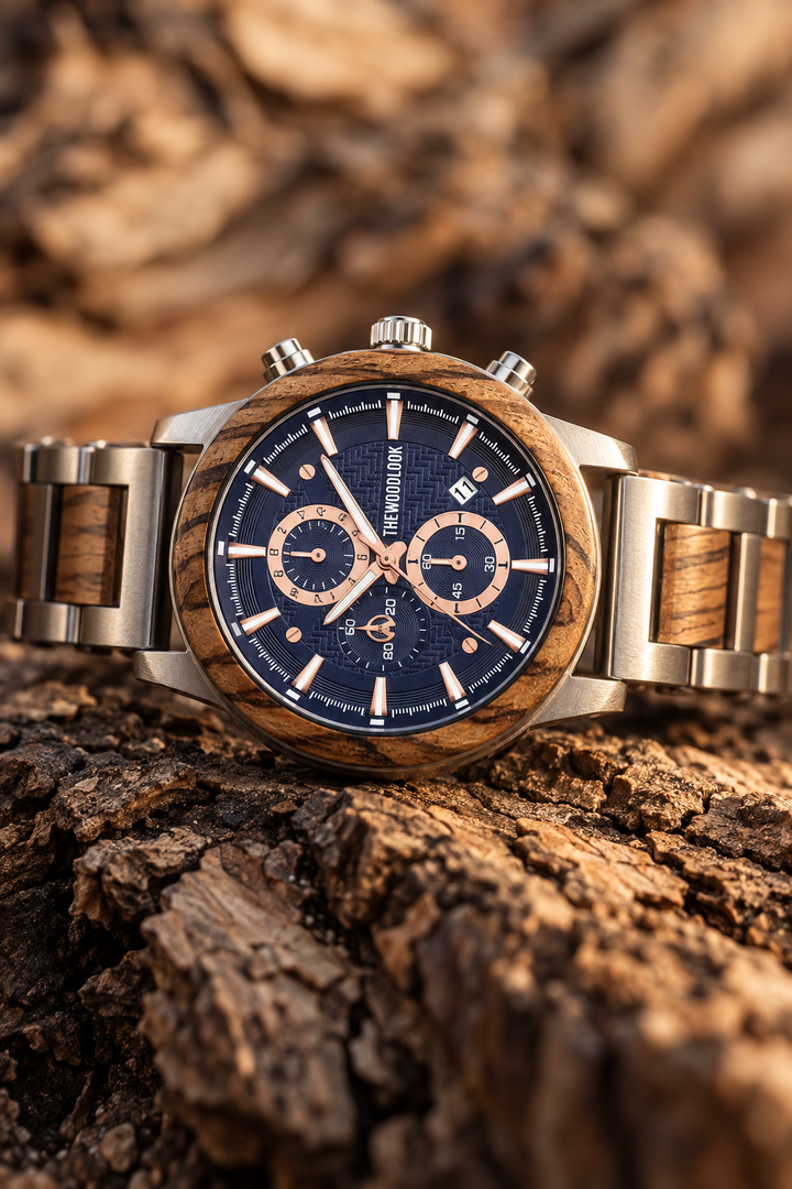 London zebrawood and silver chronograph watch with a navy dial on tree bark