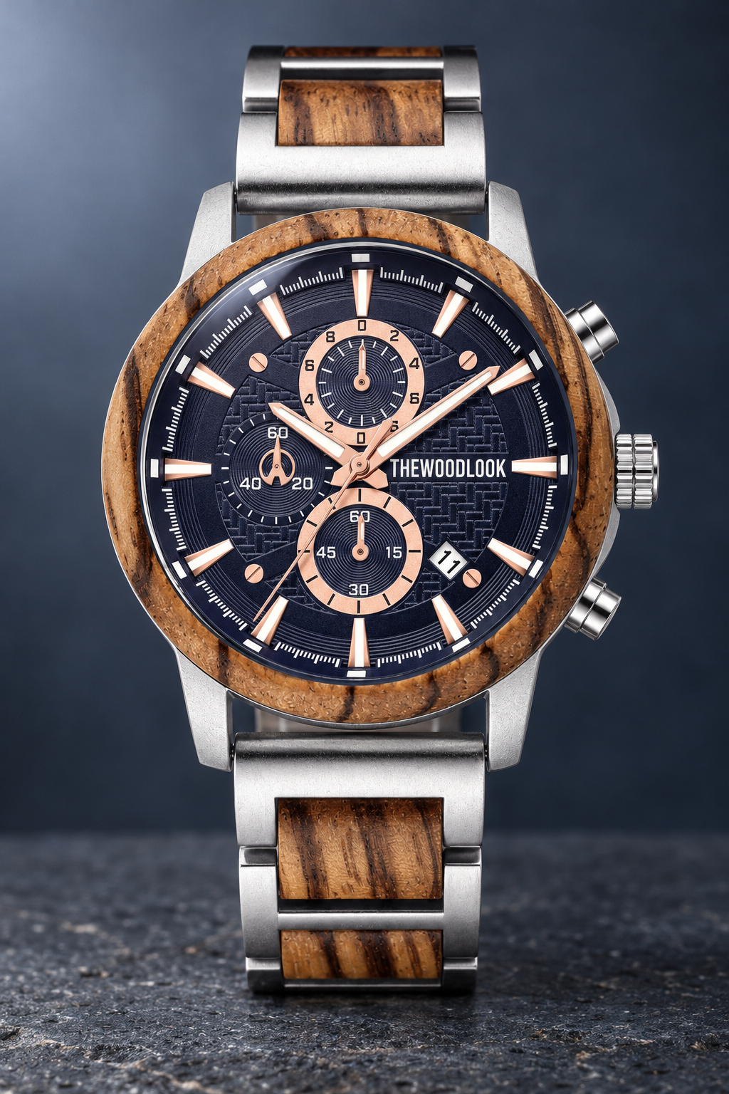 London chronograph watch in zebrawood and silver steel with a navy dial and rose gold details
