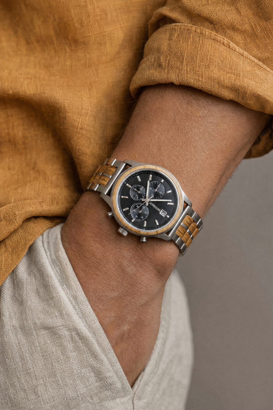 Oslo men's oak wooden watch worn on the wrist with a mustard linen shirt - The Wood Look