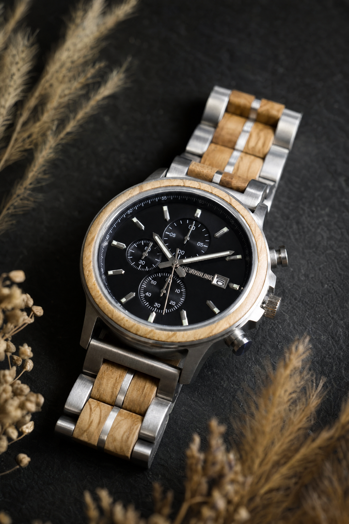 Oslo oak chronograph wood watch on dark slate with dried grasses - The Wood Look