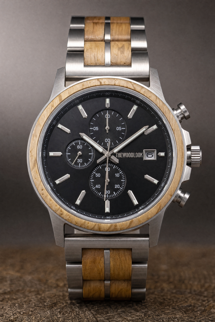 Oslo oak and brushed steel chronograph wooden watch with a black dial, front view - The Wood Look