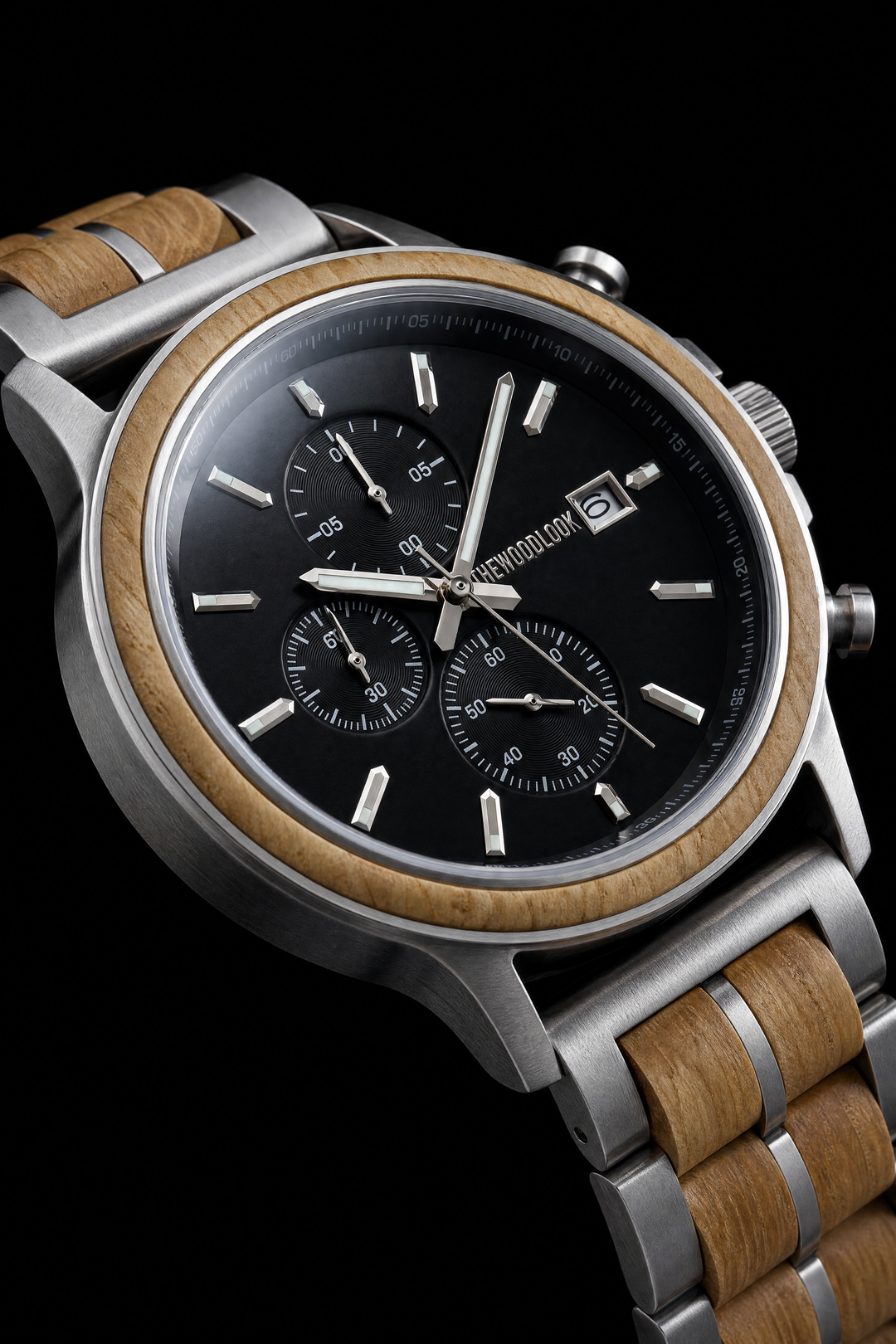 Close-up of the Oslo oak wooden chronograph watch, black dial and oak bezel on a black background - The Wood Look