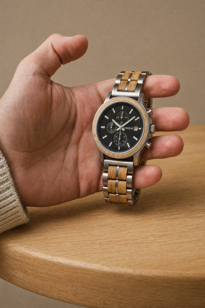 Hand holding the Oslo oak and stainless steel wooden watch above an oak table, showing its size - The Wood Look