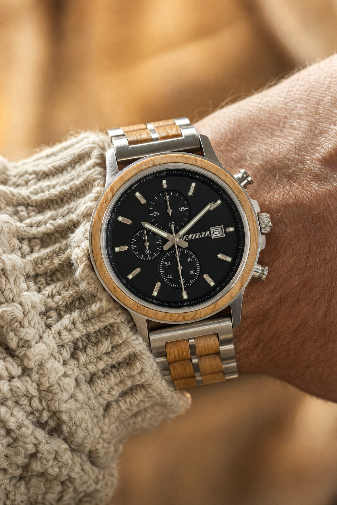 Man wearing the Oslo oak chronograph wooden watch with a cream knitted jumper - The Wood Look