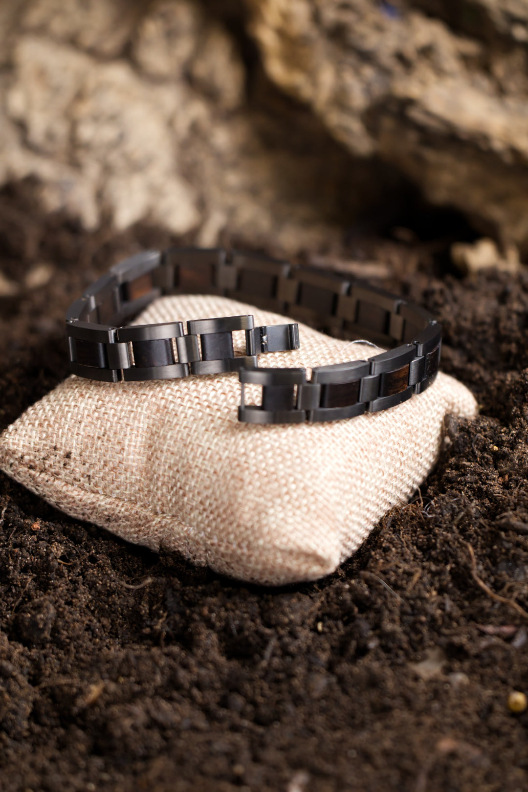 Reykjavik ebony and gunmetal grey steel bracelet open to show the clasp - The Wood Look