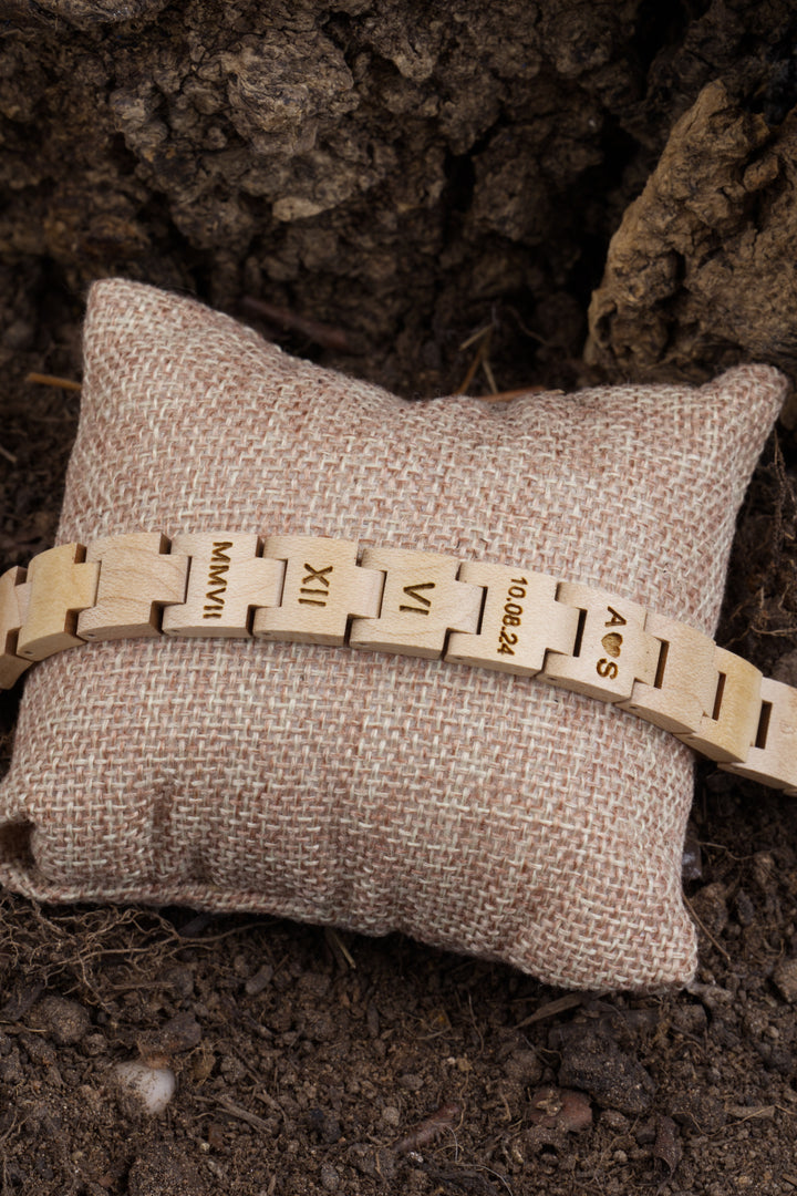 Vancouver maple wooden bracelet engraved with names and a date in Roman numerals - The Wood Look